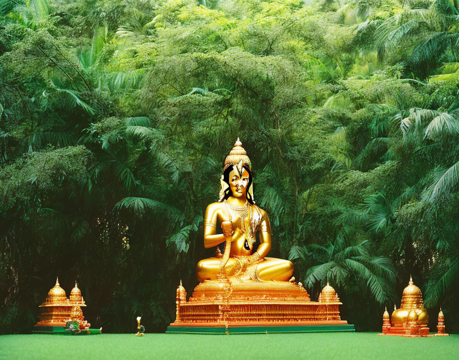 Golden Buddha Statue Surrounded by Greenery and Stupas