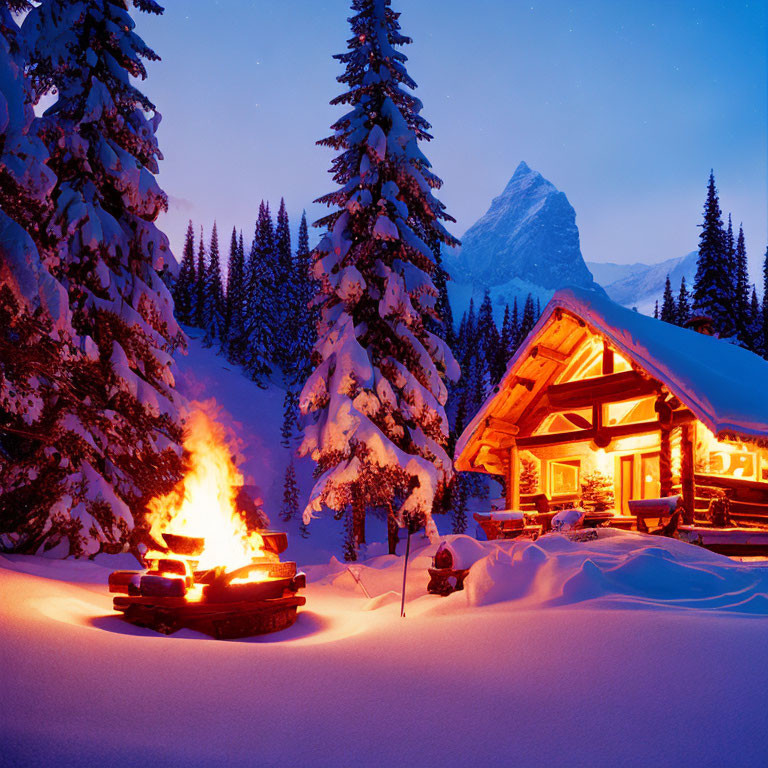 Snowy landscape: Cozy wooden cabin, bonfire, mountain peak at dusk