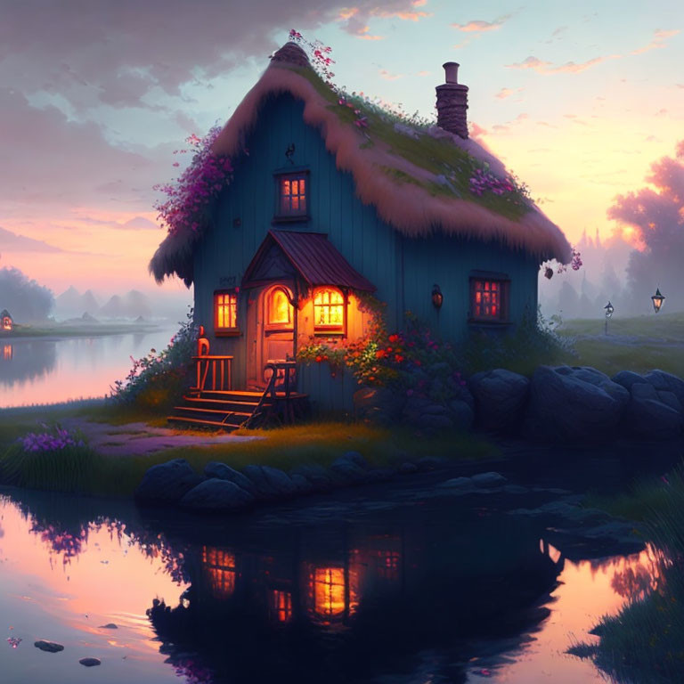 Thatched Roof Cottage with Pink Flowers by Lakeside at Dusk