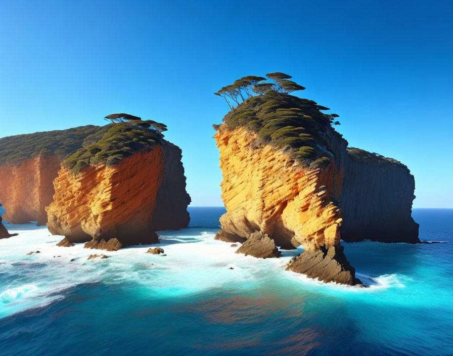 Majestic sea stack with green crown above turquoise waters