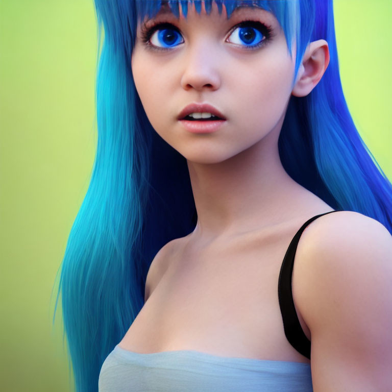 Digital artwork: Female character with blue hair, big eyes, pale skin, white top, yellow-green