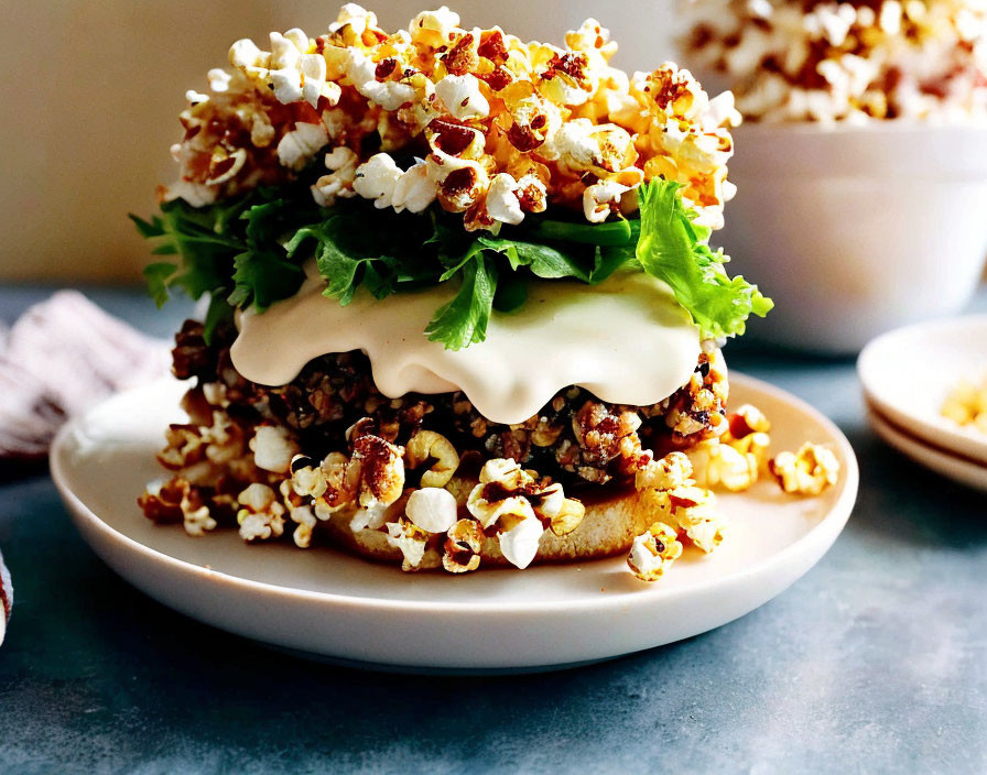 Popcorn-Coated Patty Burger with Creamy Sauce and Lettuce on Sesame Seed Bun