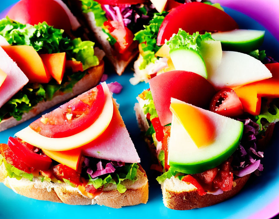 Vibrant open-faced sandwiches with ham, cheese, and fresh vegetables on blue plate