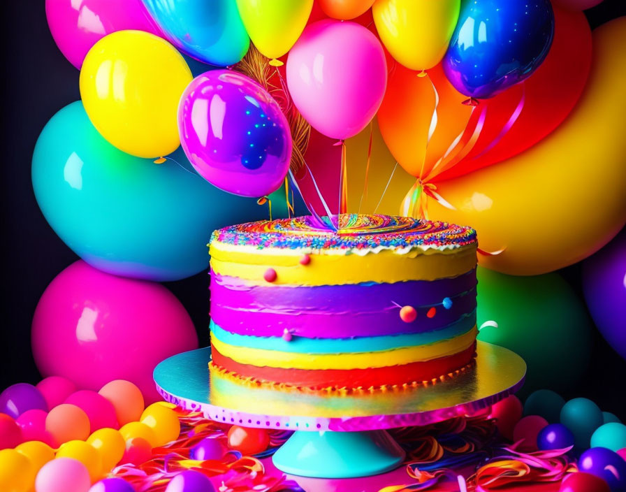 Colorful Birthday Cake with Sprinkles and Balloons on Dark Background