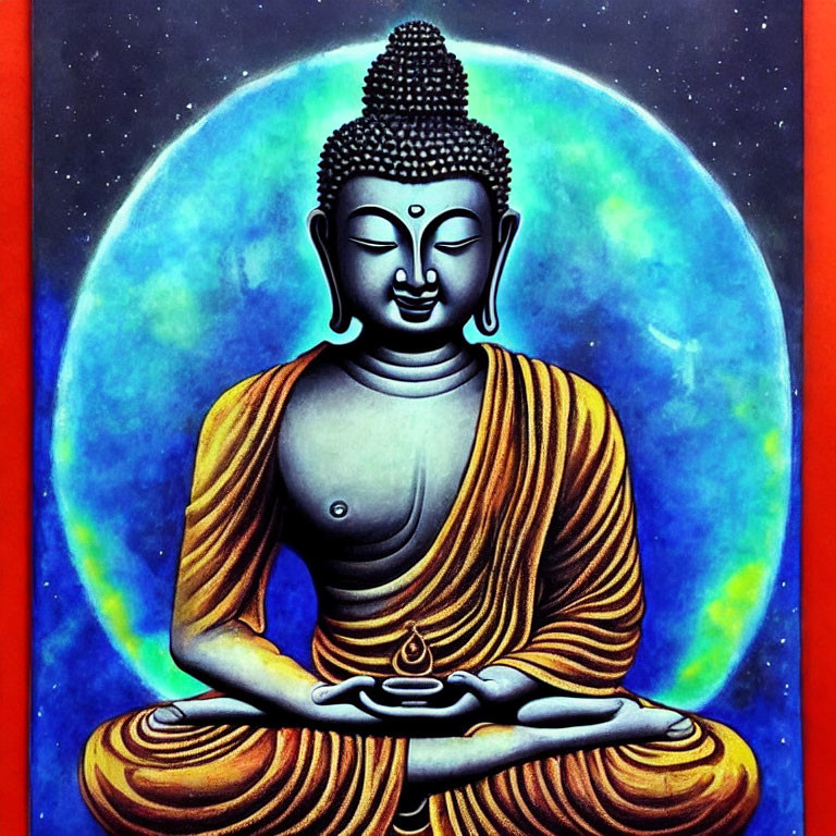 Serene Buddha Meditation Illustration in Orange Robe and Blue Aura