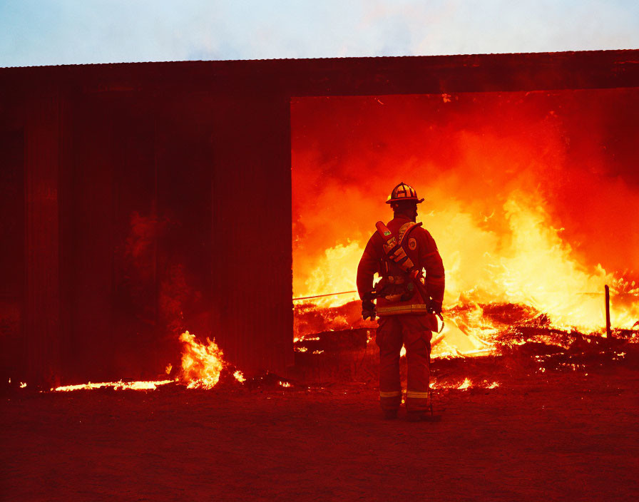 Firefighter battling intense flames with hose at fire scene