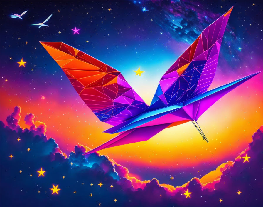 Geometric origami butterfly in vibrant sky with stars, clouds, and birds