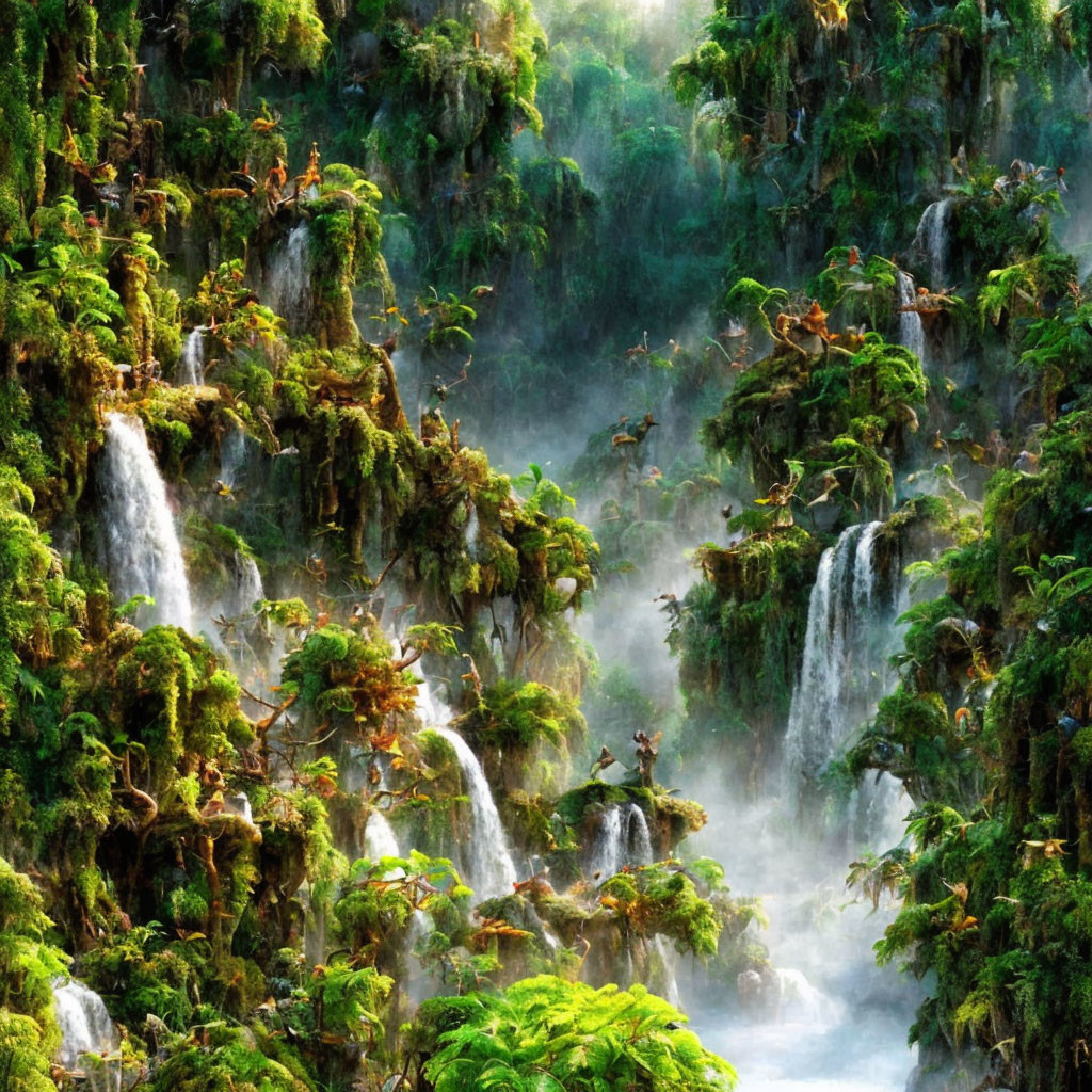 Tranquil forest scene: misty waterfalls, lush greenery, moss-covered rocks