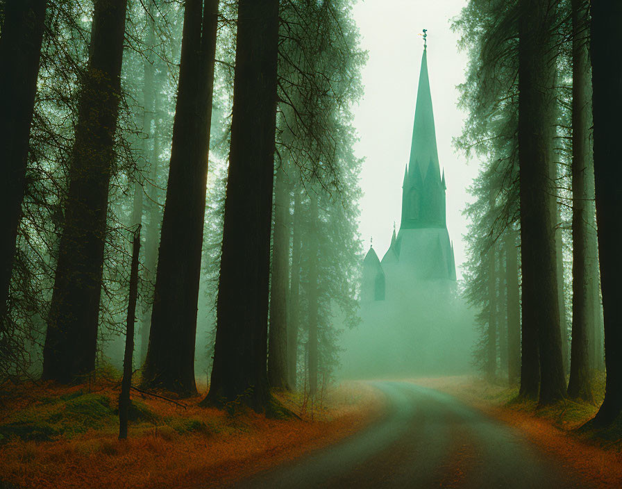 Misty forest path to old church in green-tinged atmosphere