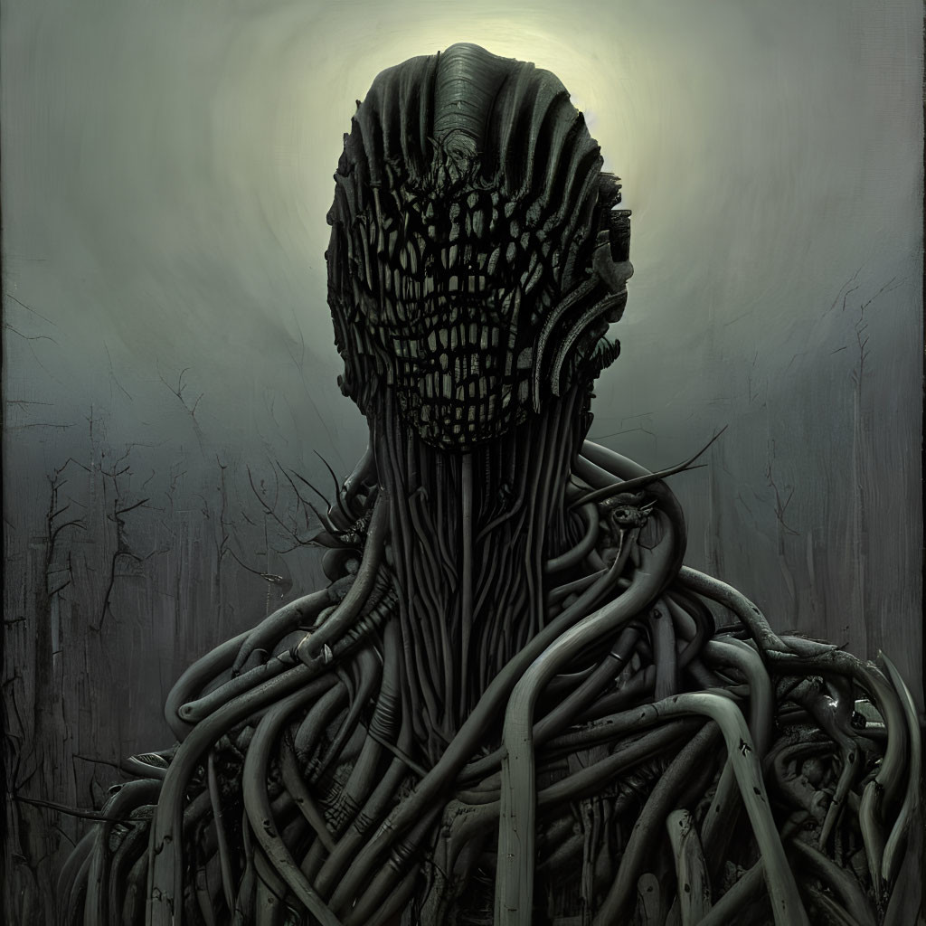 Elongated, tentacle-like figure in gloomy forest