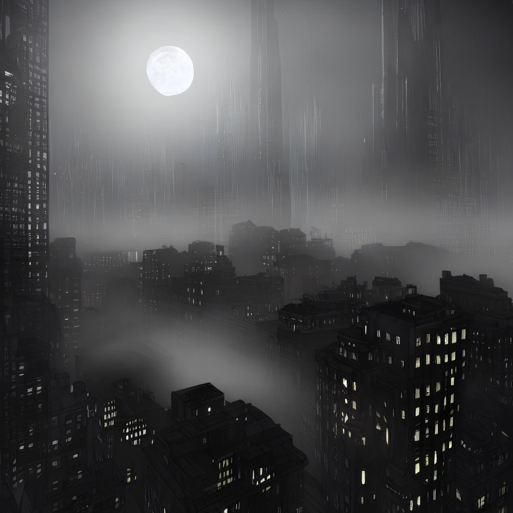 Nocturnal cityscape with fog, full moon, and glowing skyscrapers