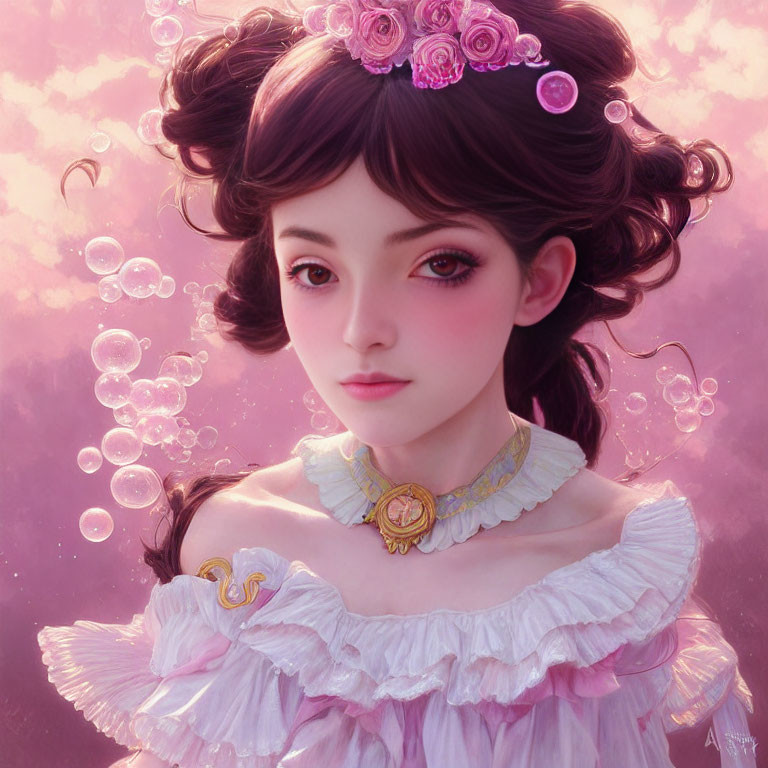 Digital artwork of young woman with pink rose hair accessories and frilly dress in bubble-filled scene on pink