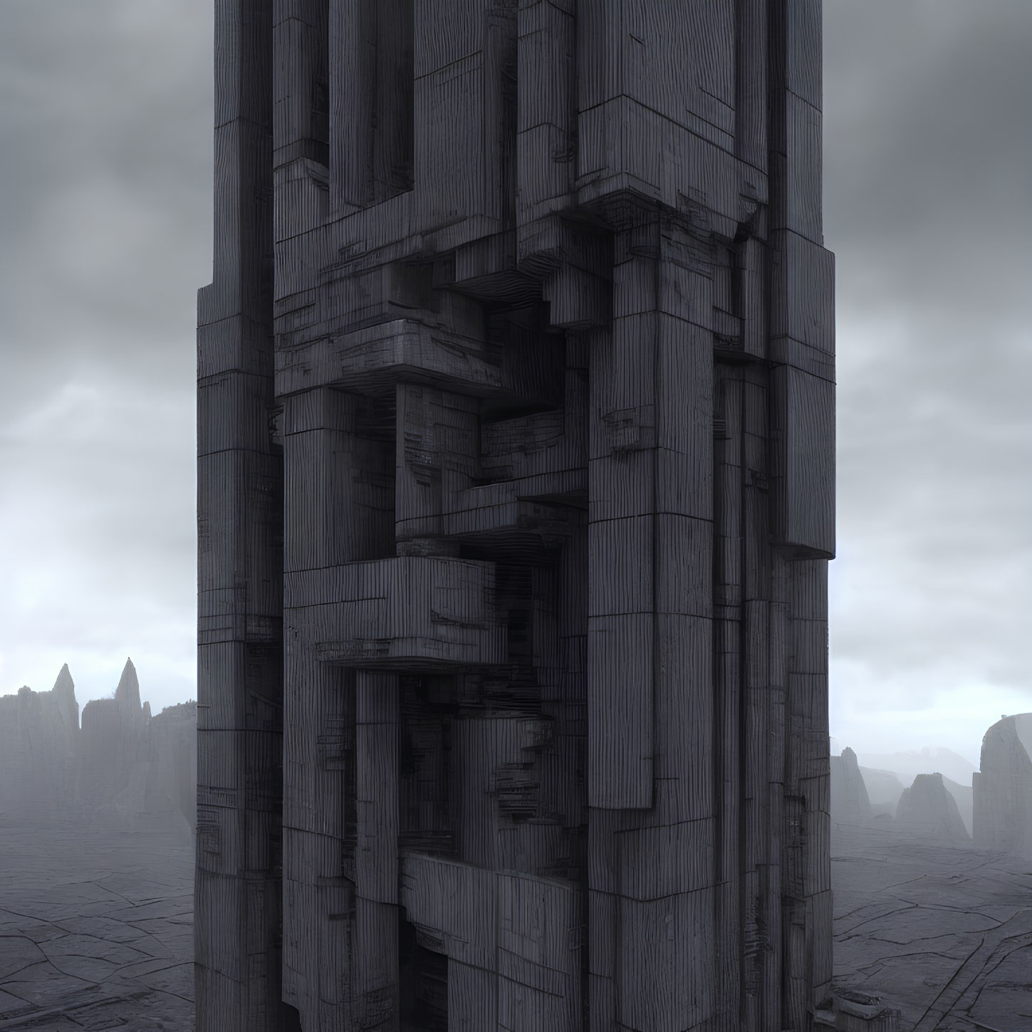 Weathered monolithic tower in desolate landscape under gloomy sky