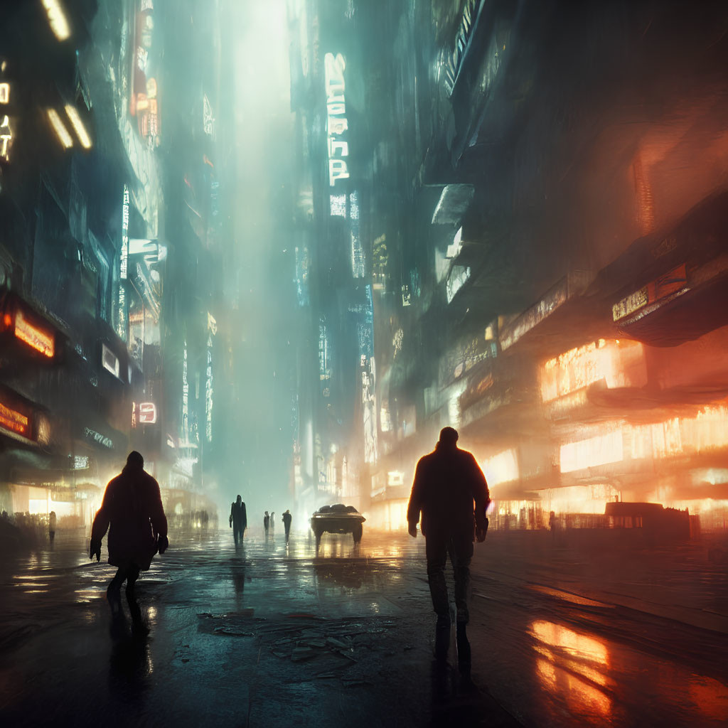 Neon-lit futuristic cityscape at night with hazy glow