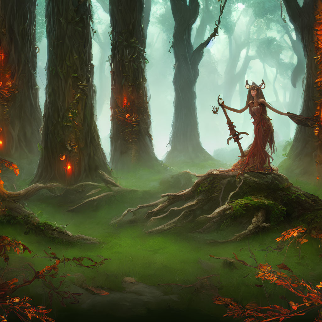 Enchanted forest scene with woman in red dress and glowing eyes