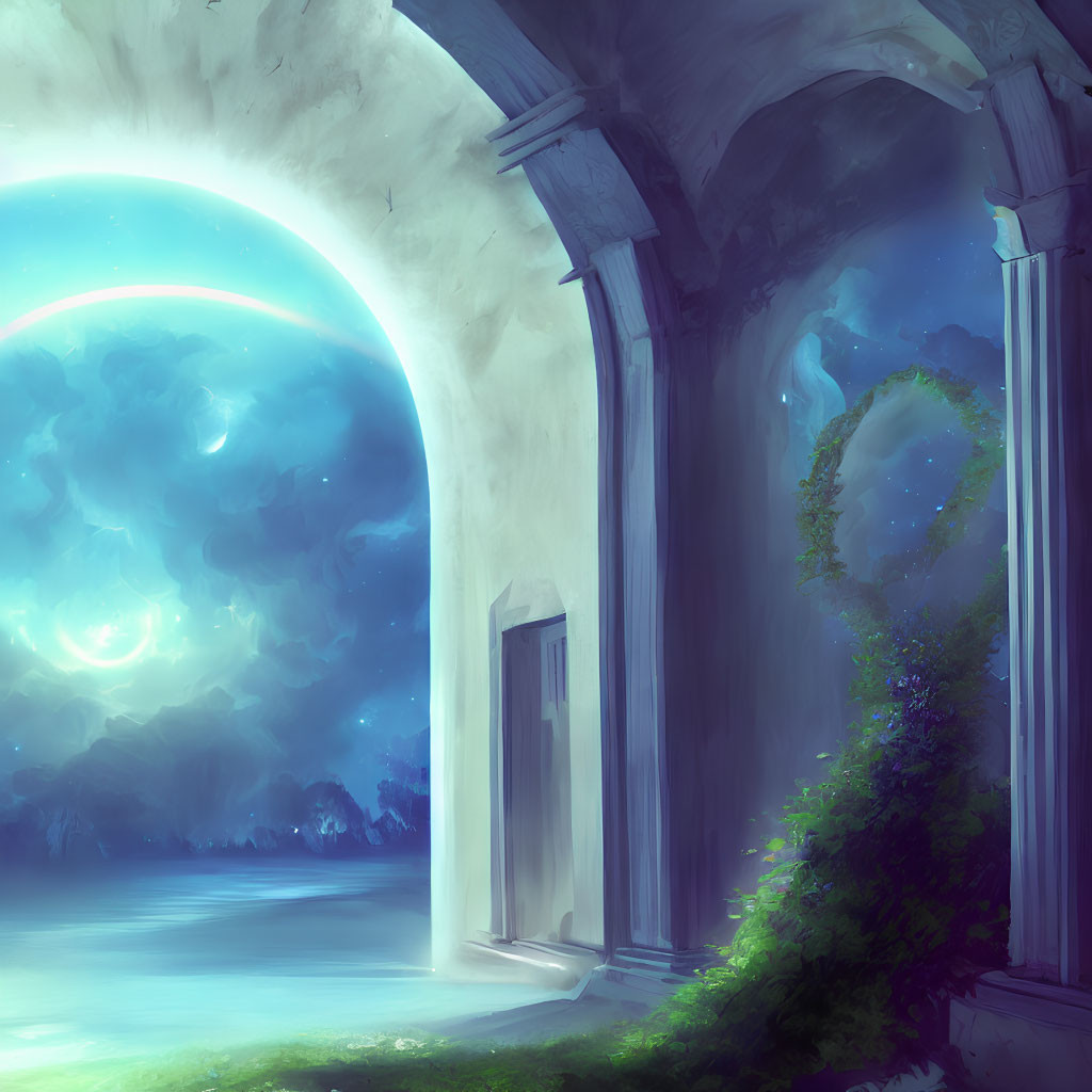 Ethereal landscape with glowing moon, ivy-covered pillars & starry sky