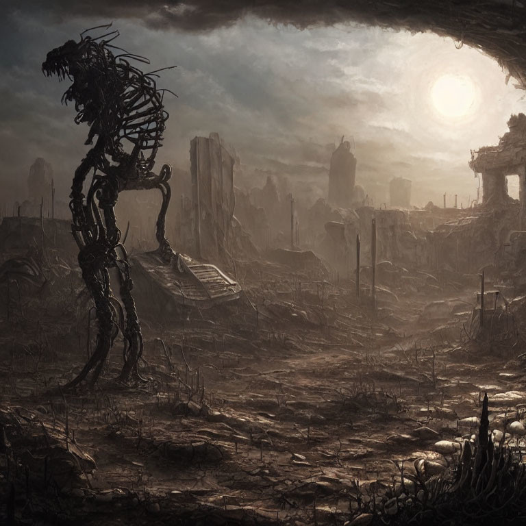 Desolate apocalyptic landscape with ruins and skeletal figure.