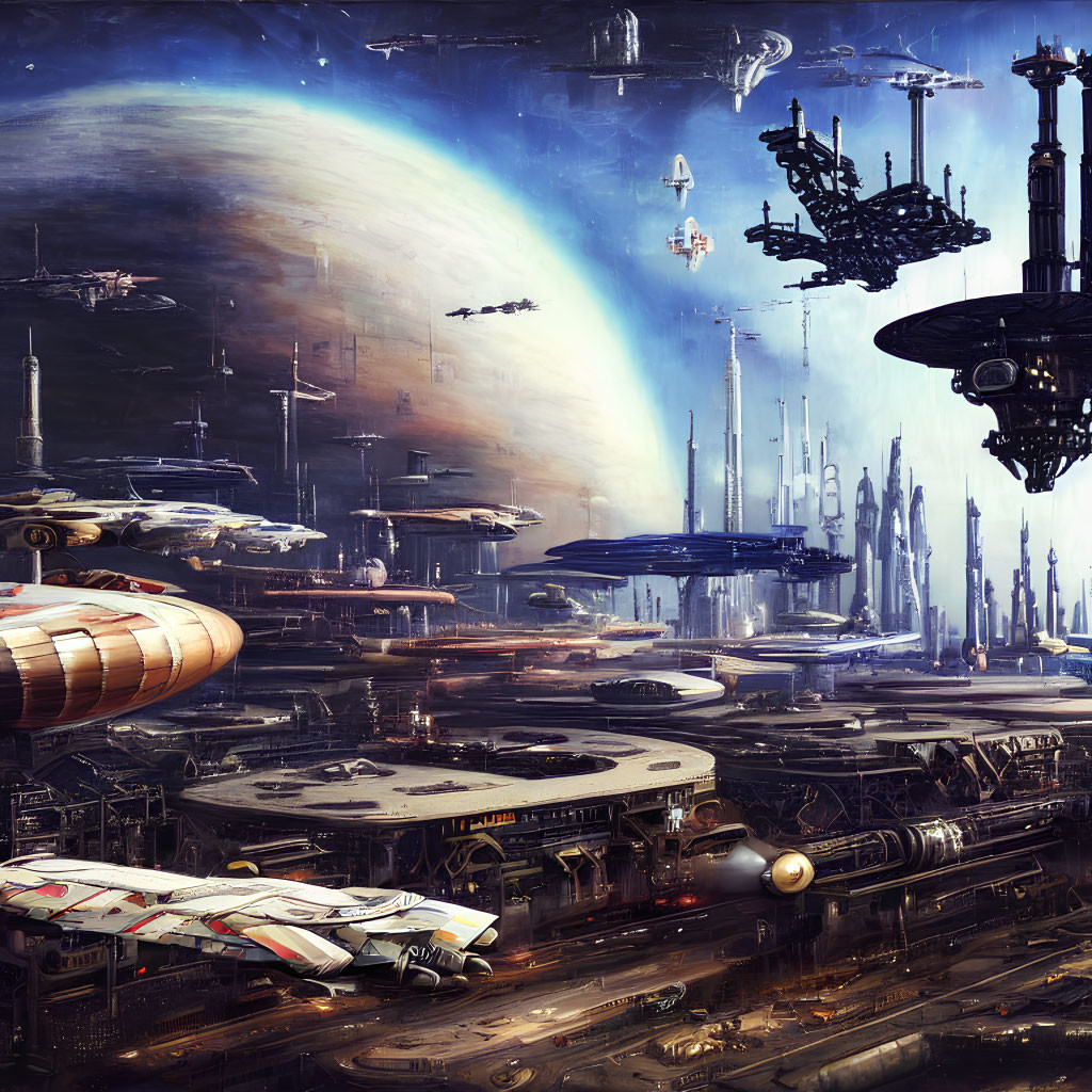 Futuristic spaceport with spacecraft and towering structures.