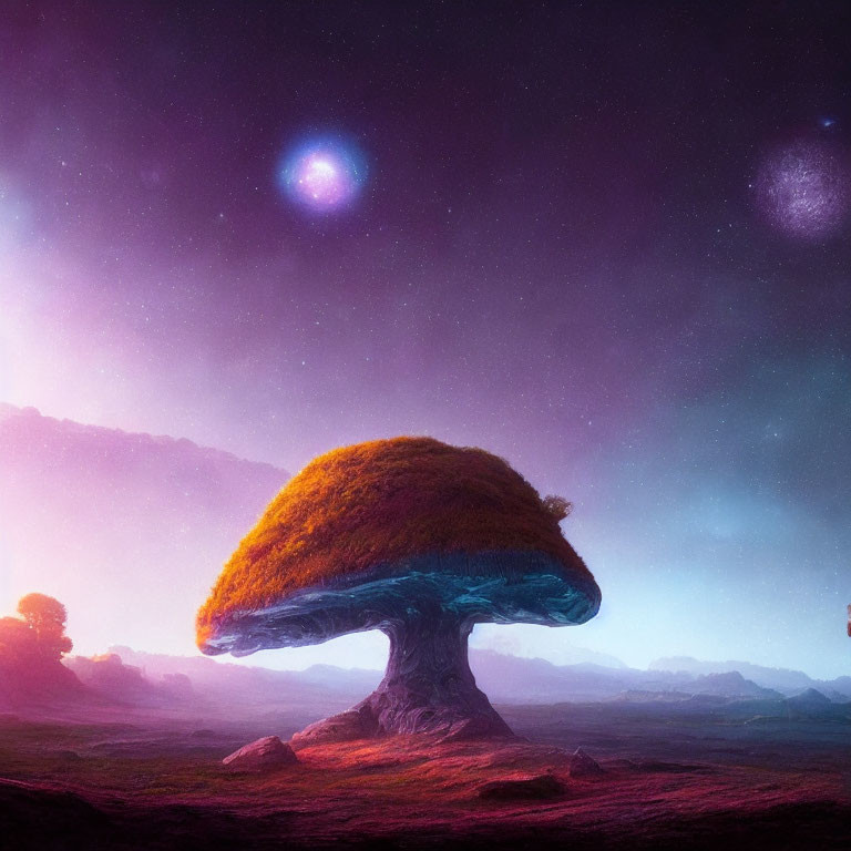 Colorful Fantastical Landscape with Mushroom Tree and Planets