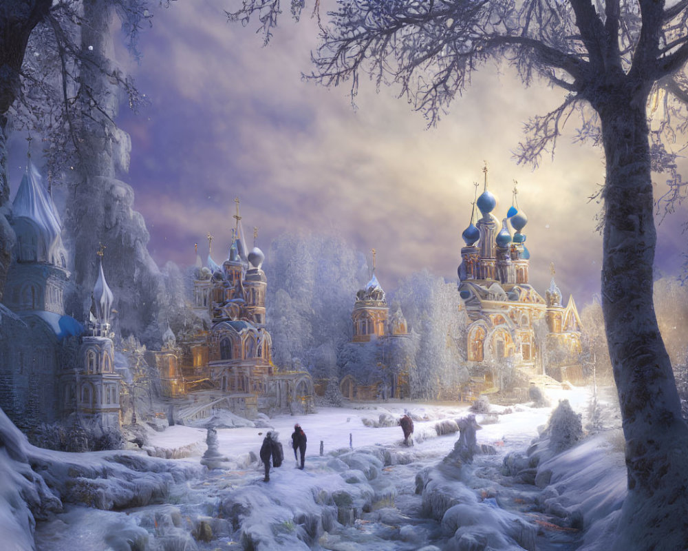 Snow-covered trees and ornate buildings with golden domes in enchanting winter scene