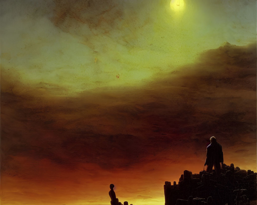 Solitary figure on ruins under dramatic sky with surreal orange glow