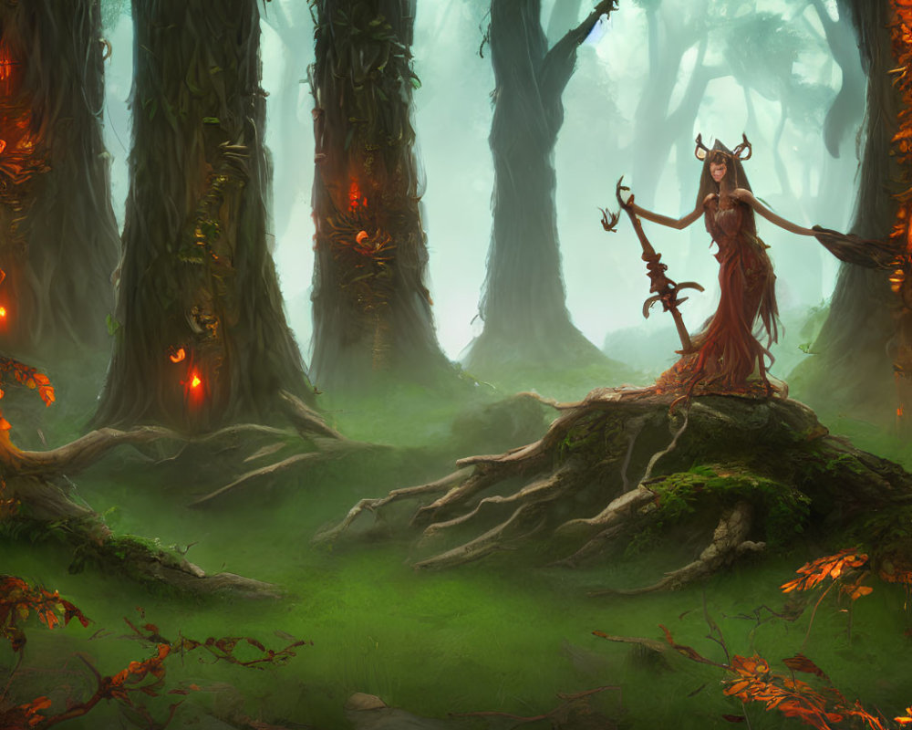 Enchanted forest scene with woman in red dress and glowing eyes