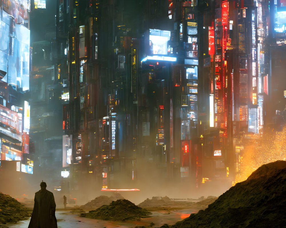 Figure walking in neon-lit dystopian cityscape among misty skyscrapers