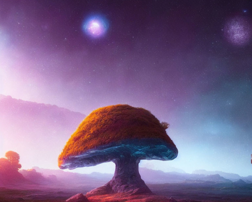 Colorful Fantastical Landscape with Mushroom Tree and Planets