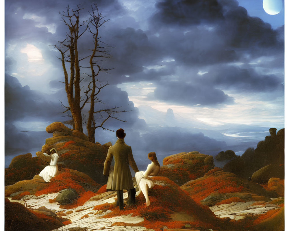 Vintage Attired Trio Admire Surreal Landscape with Moon