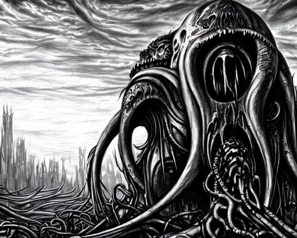 Monochrome image of ominous octopus-like creature in desolate landscape