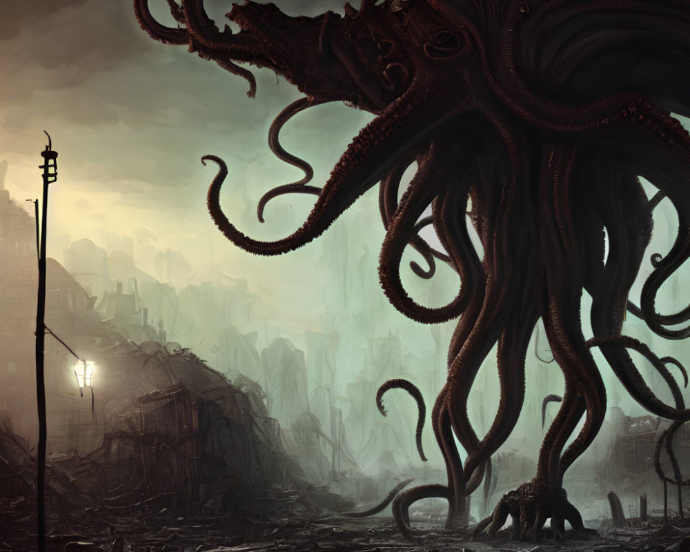 Gigantic octopus creature over dystopian cityscape