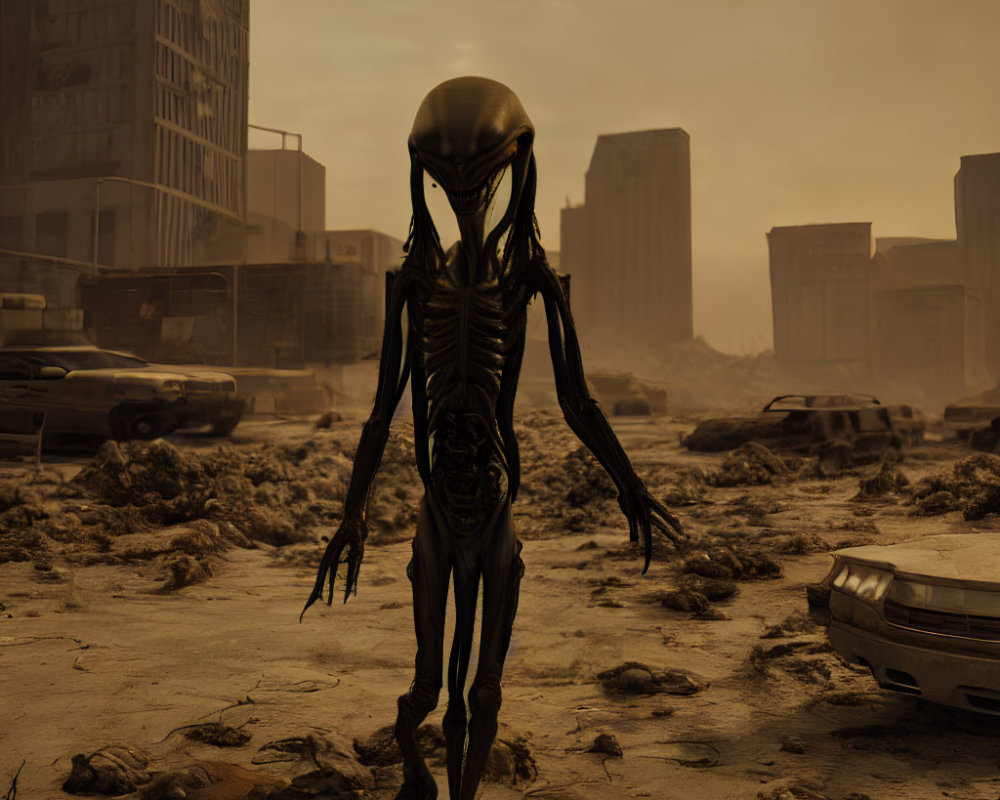 Elongated Limbed Alien Creature in Post-Apocalyptic Cityscape