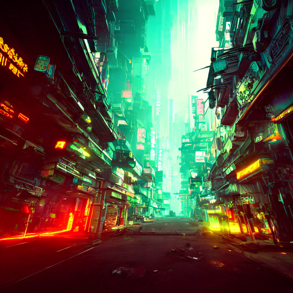 Futuristic neon cityscape with towering buildings and eerie lights