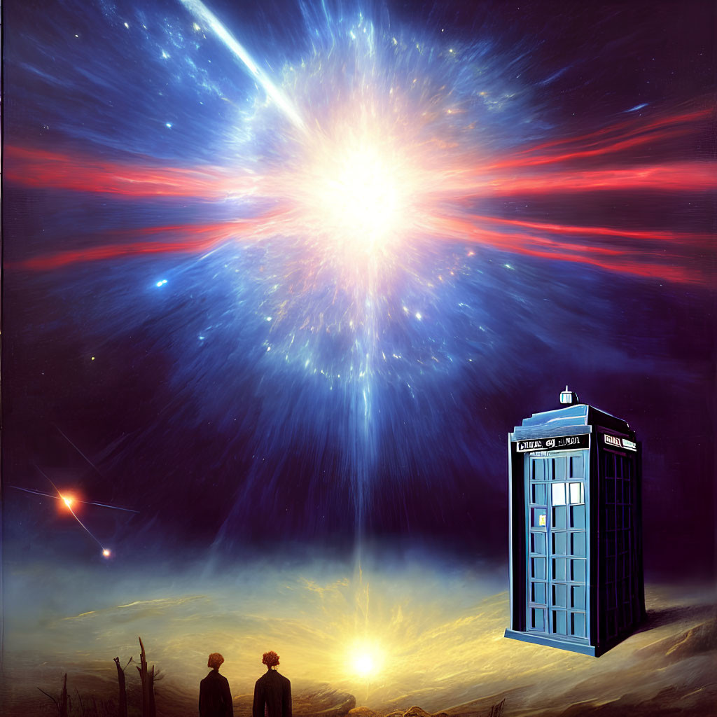 Cosmic scene with starburst, distant sun, silhouettes, and blue police box