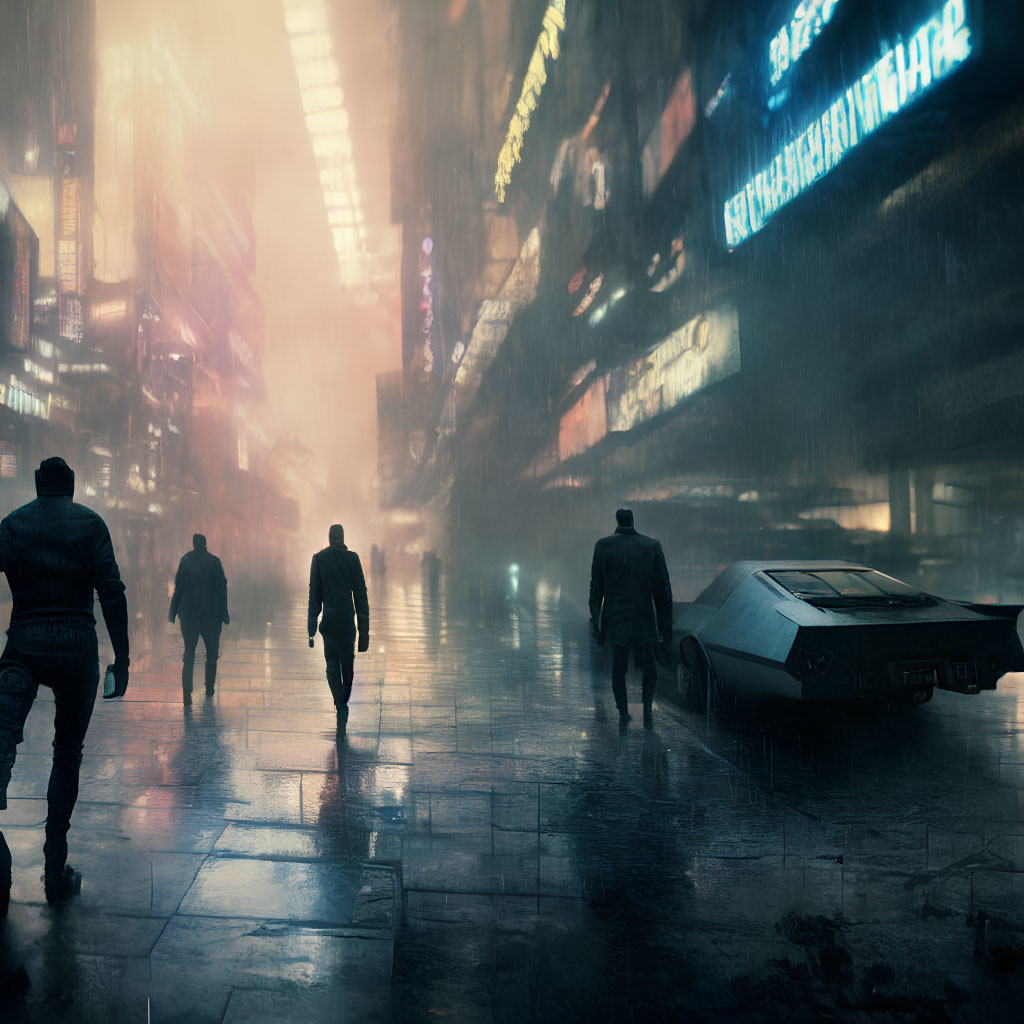 Neon-lit urban scene with rain-soaked streets and futuristic car