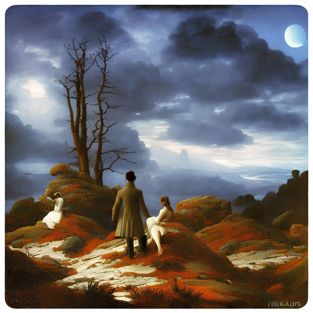 Vintage Attired Trio Admire Surreal Landscape with Moon