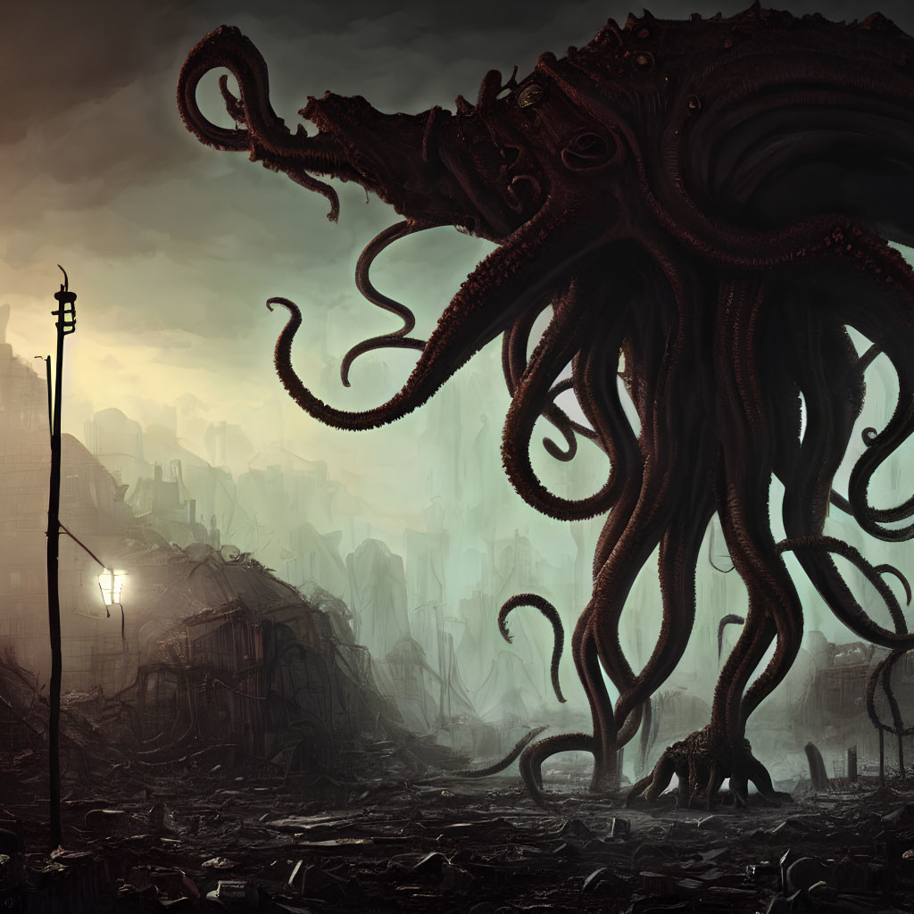 Gigantic octopus creature over dystopian cityscape