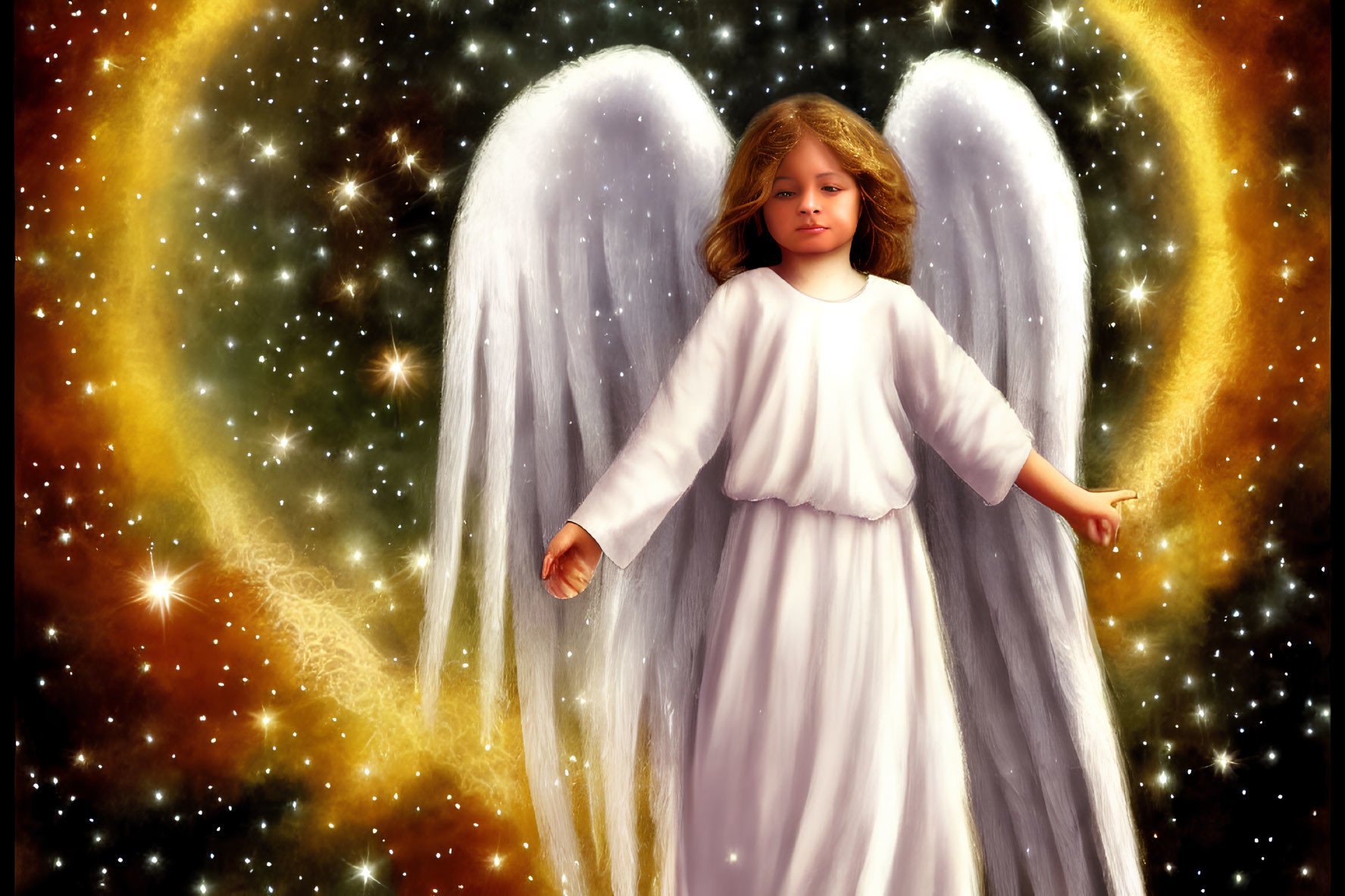 Child with Large Feathery Wings in White Robe Against Cosmic Backdrop