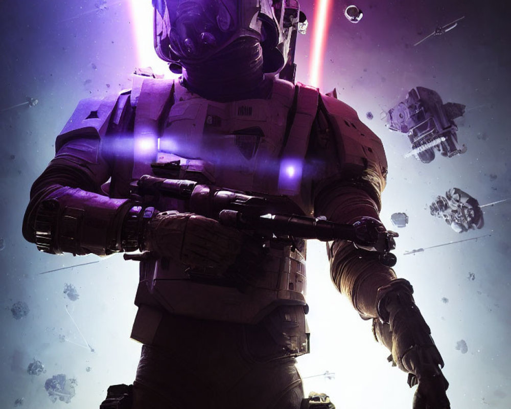 Futuristic space soldier in armor with rifle amidst cosmic debris.