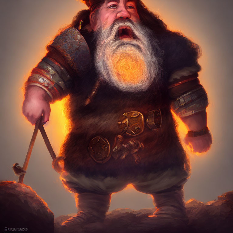 Formidable dwarf with glowing beard and hammer in ornate armor against smoky background