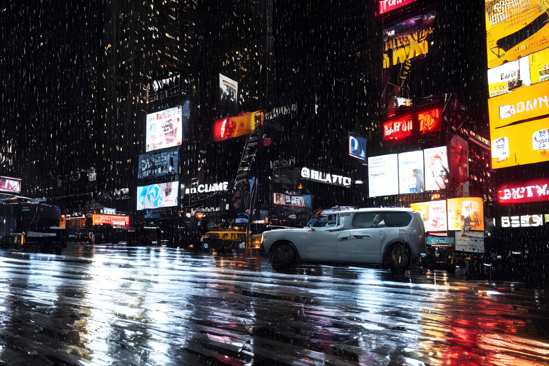 Nighttime City Scene with Snowfall, Bright Billboards, Car, and Pedestrians