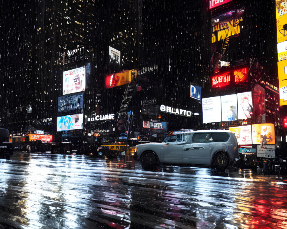 Nighttime City Scene with Snowfall, Bright Billboards, Car, and Pedestrians