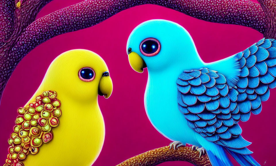 Colorful 3D birds on branch with pink background