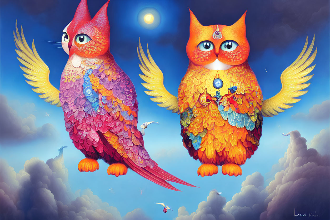 Colorful Owl-Like Creatures Flying in Sky with Birds