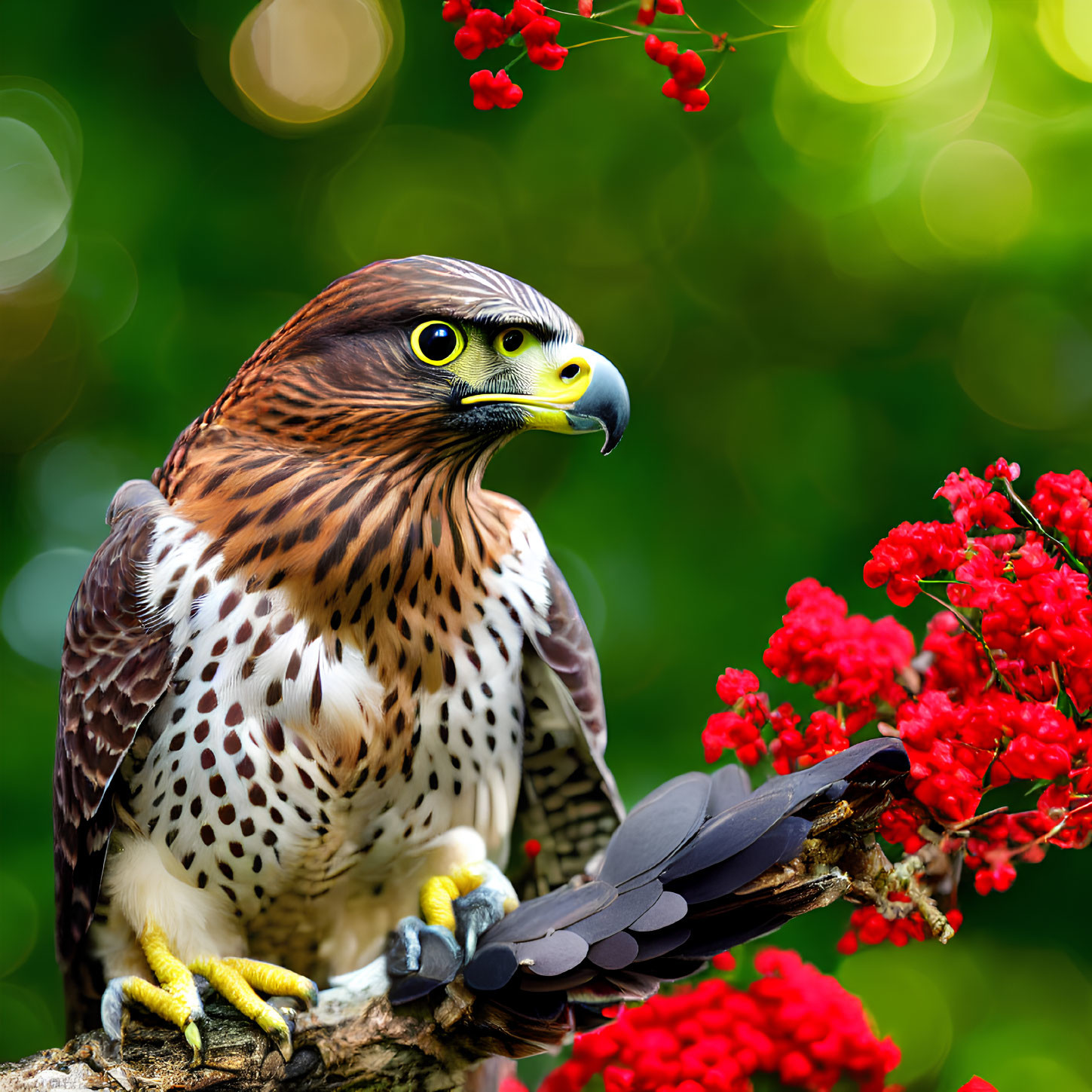 Majestic hawk perched on branch with red flowers, sharp beak, detailed feathers