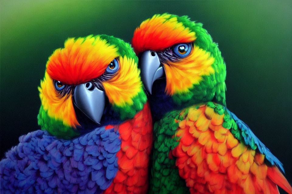 Colorful Macaws Cuddled Together in Green, Blue, Orange, and Red Plumage