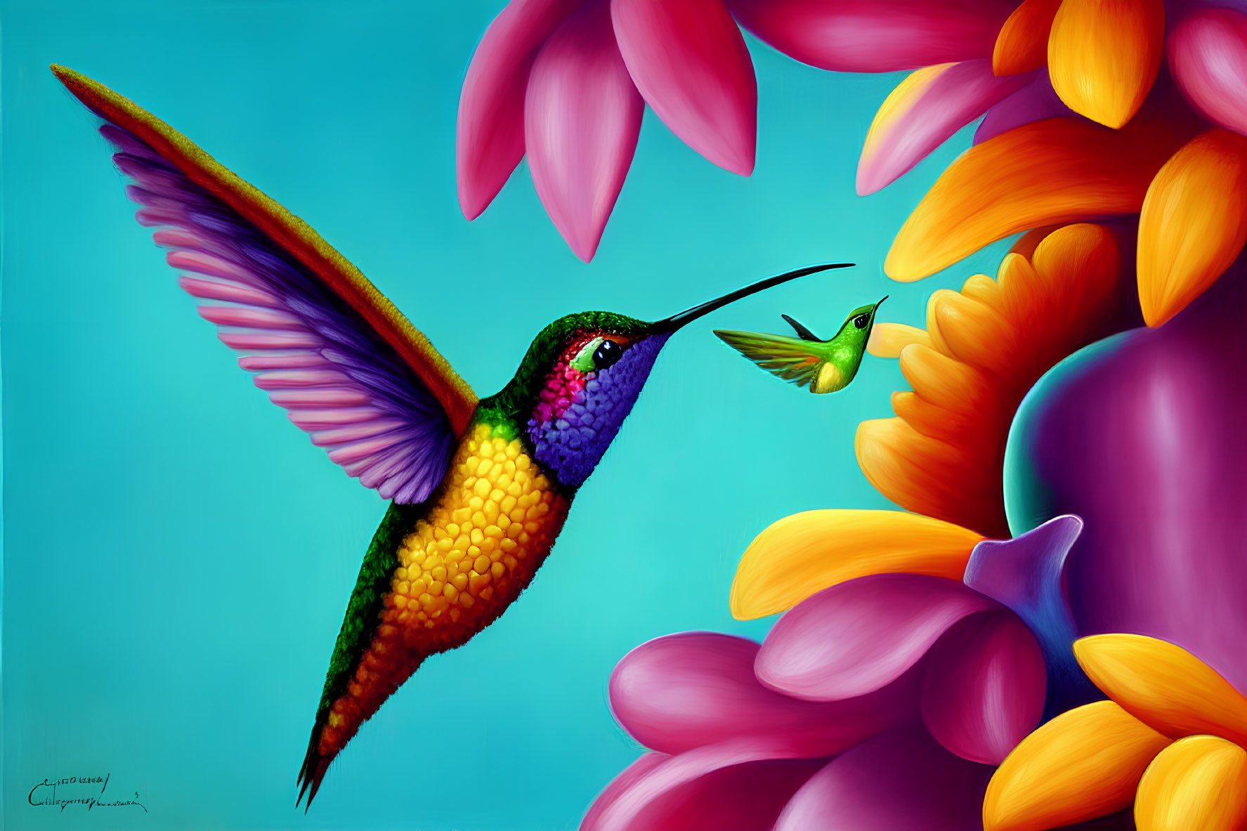 Colorful hummingbird and insect in vibrant painting with pink and orange flowers