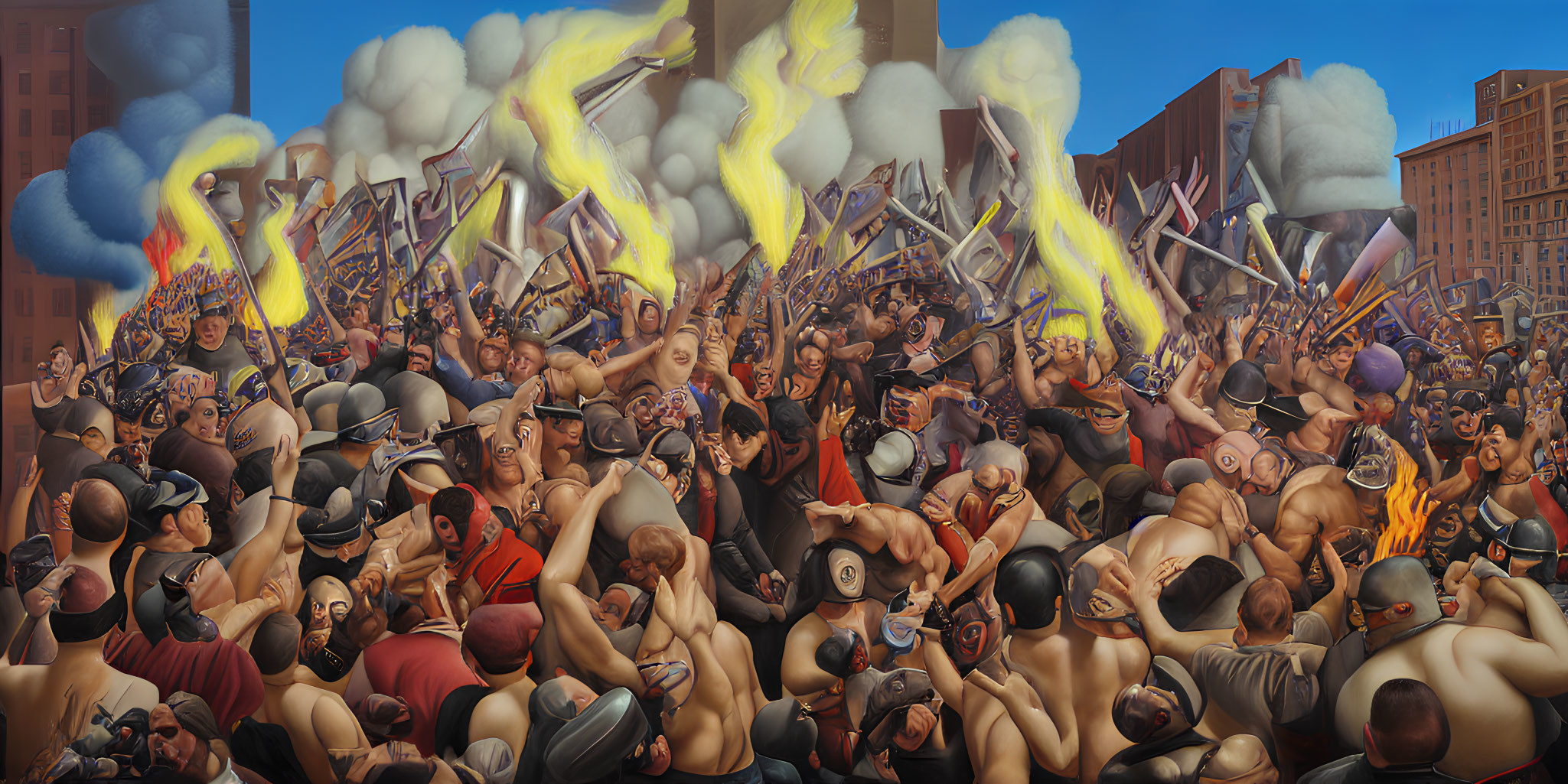 Detailed chaotic battle scene mural with muscular figures in intense combat.