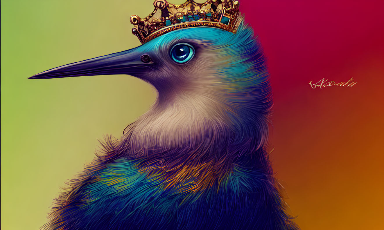 Colorful Bird Illustration with Royal Crown and Vibrant Blue Feathers