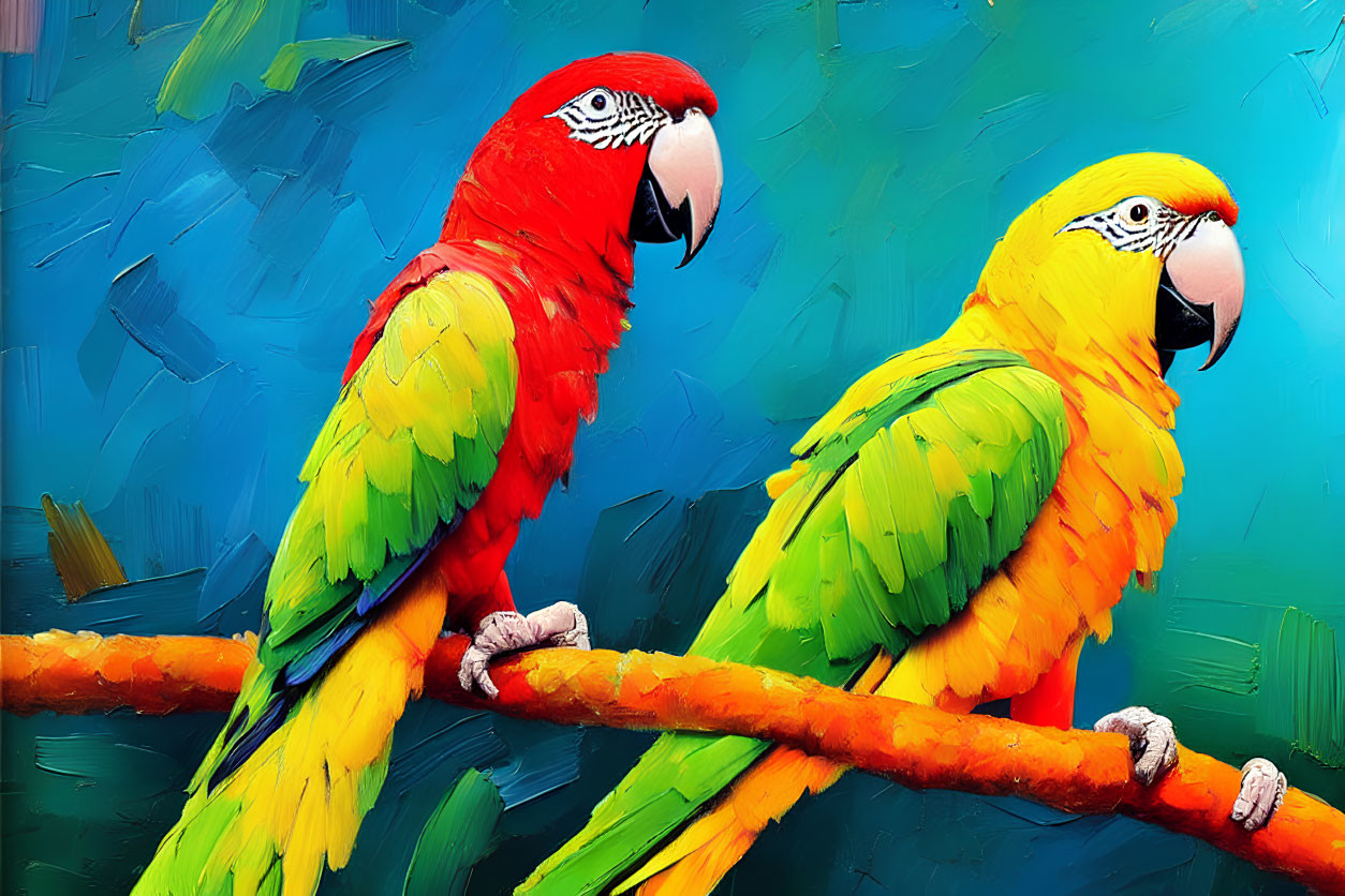 Colorful Red and Yellow Parrots on Branch with Blue Textured Background